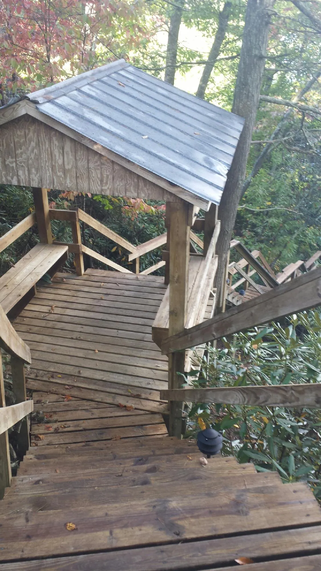 Metal roofed shelter over wooden steps on a wooded walkway — Skylight Repair & Installation work by our crew in Jeffersonton